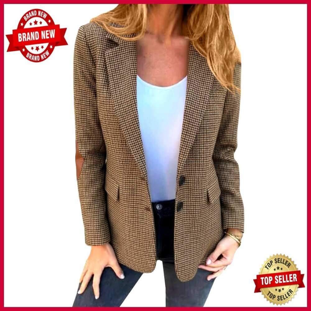 Tweed Blazer with Houndstooth Plaid, Full Lining, Pockets, Business Casual